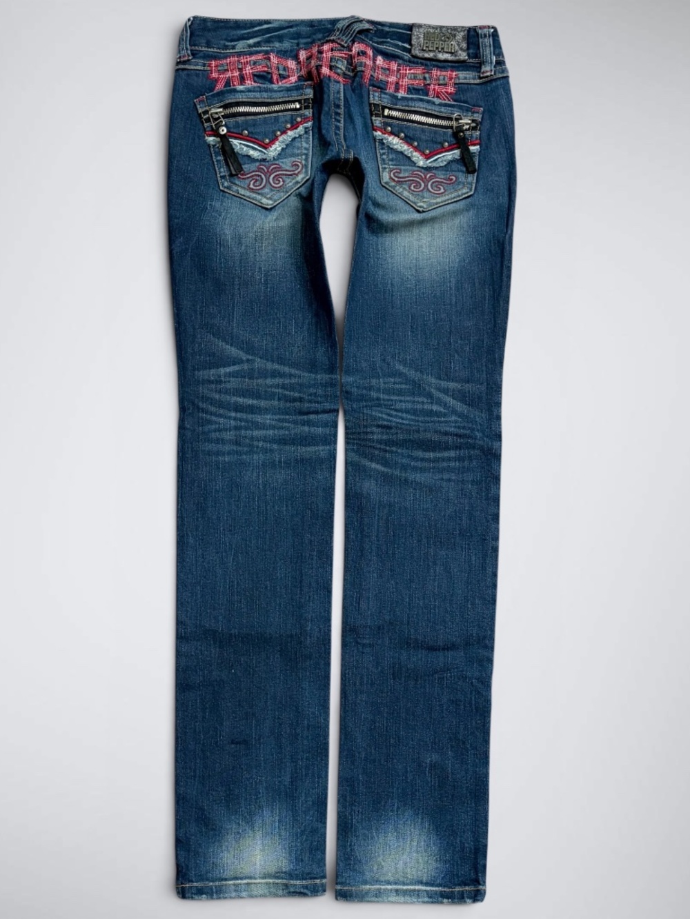 Y2K Red Pepper Japanese Brand Spellout Back Zipper Pocket Low Rise Skinny Jeans